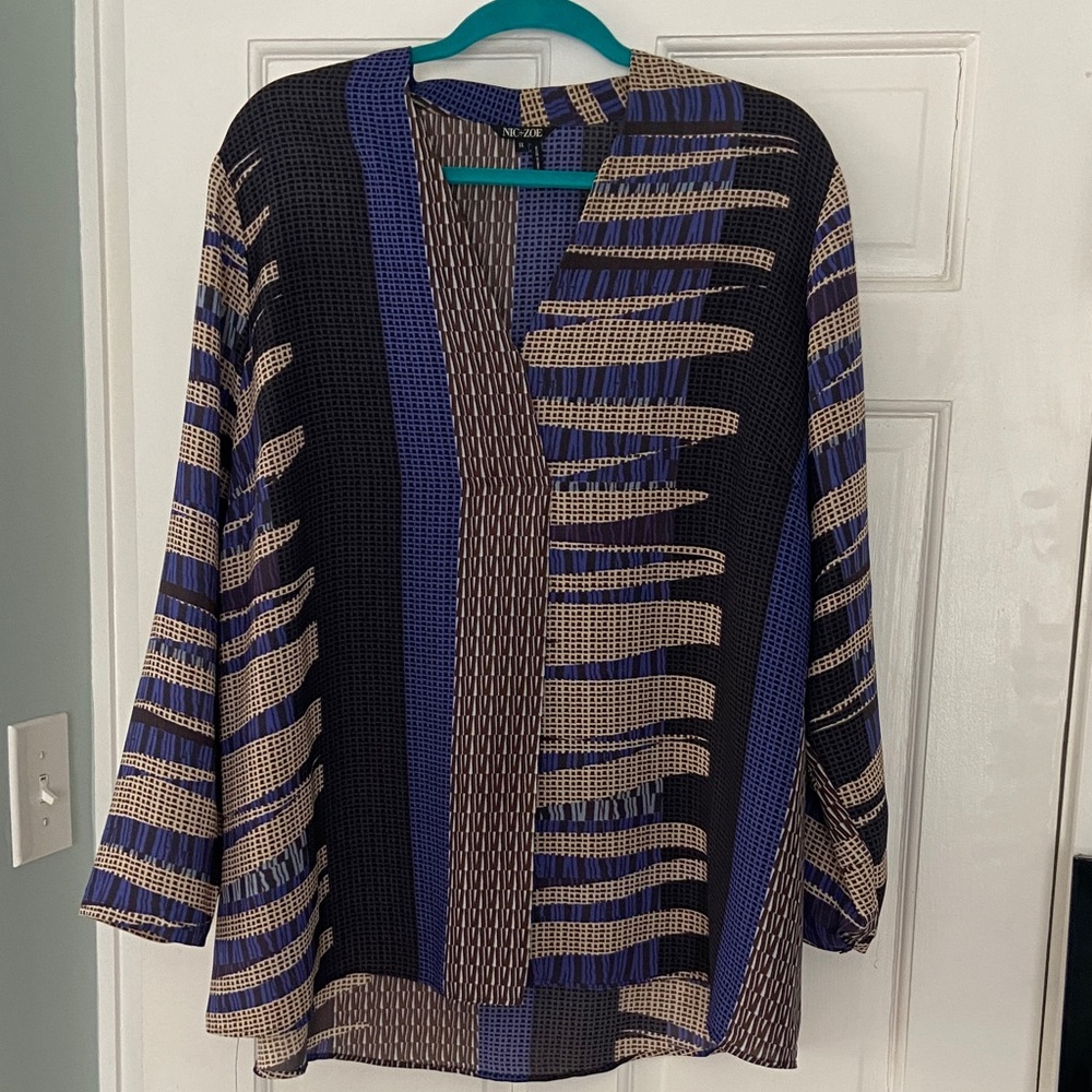 Nic + Zoe Women's 1X Brown and Blue Striped Blouse